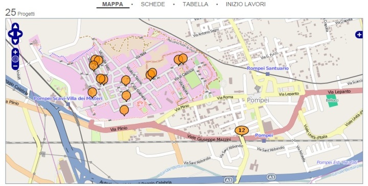 La mappa dei 25 cantieri i cui dati sono consultabili liberamente sul sito di OpenPompei